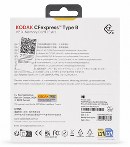 Kodak Extra 256GB CFexpress Type B 2.0 - kutu arka yüzü, ürün etiketi ve barkod