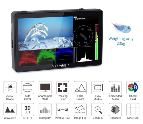 FEELWORLD F6 PLUS 6 inç 3D LUT Kamera Alan Monitörü 1920x1080 HD 4K HDMI