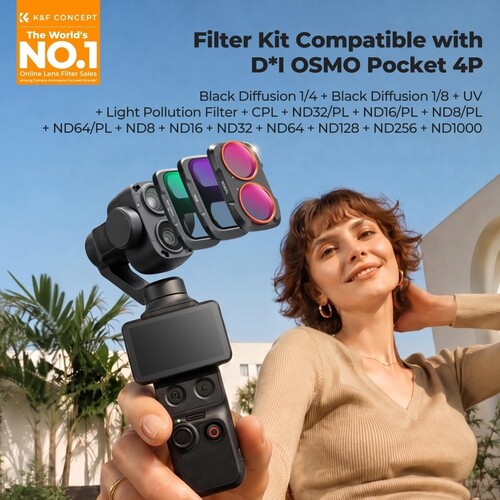 K&F Concept DJI Osmo Pocket 4P İçin 16 Parça Filtre Seti (Black Mist 1/4 + Black Mist 1/8 + UV + Işık Kirliliği Azaltma + CPL)