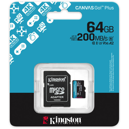 Kingston 64GB microSDXC Canvas Go! Plus Gen4 200MB/s A2 U3 V30 + Adaptör