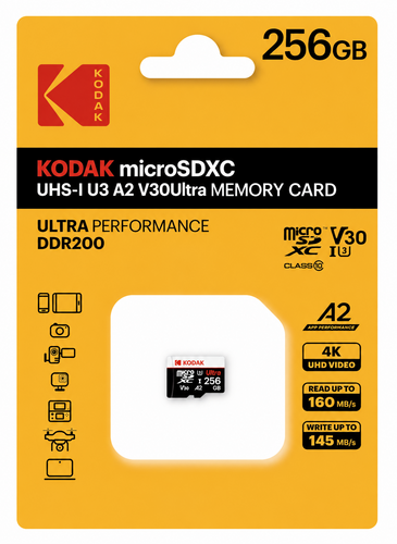 Kodak 256GB UHS-I U3 A2 V30 Ultra Micro SD Hafıza Kartı (Pocket Kameralarla Uyumlu) (160MB/s - 145MB/s)