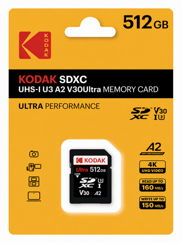 Kodak 512GB UHS-I U3 A2 V30 Ultra DDR SD Hafıza Kartı (160MB/s - 150MB/s)