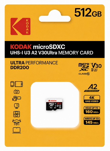 Kodak 512GB UHS-I U3 A2 V30 Ultra Micro SD Hafıza Kartı (Pocket Kameralarla Uyumlu) (160MB/s - 145MB/s)
