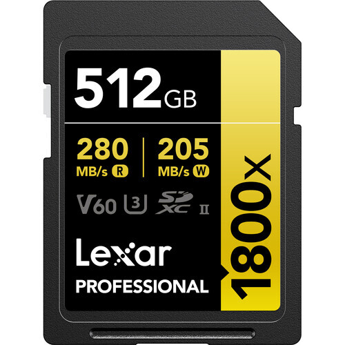 Lexar 512GB 280MB/s Profesyonel 1800x SDXC UHS-II V60 Hafıza Kartı (Gold Serisi)