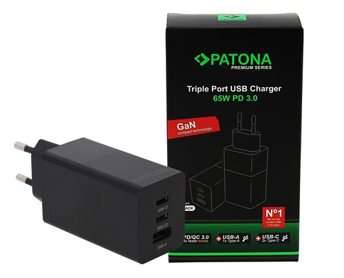 Patona 2640 Premium GaN PD65W Şarj Adaptörü - 2xUSB-C 1xUSB-A PD3.0 QC3.0