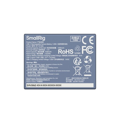 SmallRig 5062 NP-W126S USB-C Şarj Edilebilir Kamera Pili