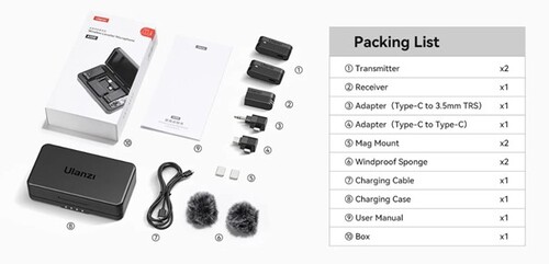 Ulanzi A100 İkili Kablosuz Yaka Mikrofonu (Type-C ve 3.5mm TRS)