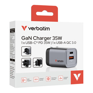 Verbatim 35W GaN Hızlı Şarj Cihazı 2 Portlu (1x USB-C PD 35W + 1x USB-A QC 3.0) - Thumbnail