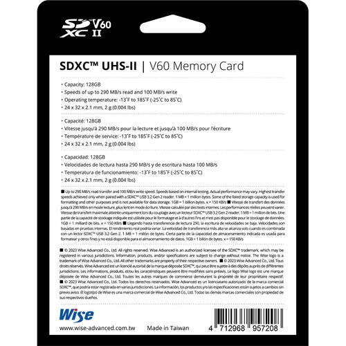 Wise Advanced 128GB SD-S UHS-II V60 SDXC Hafıza Kartı